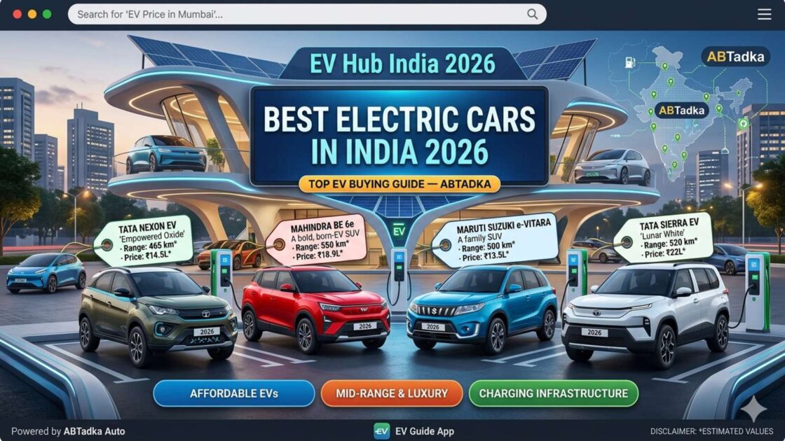 A professional infographic titled "Best Electric Cars in India 2026," showcasing upcoming EV models like the Tata Nexon EV, Mahindra BE 6e, Maruti Suzuki e-Vitara, and Tata Sierra EV at a futuristic charging hub with price and range specifications.