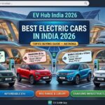 A professional infographic titled "Best Electric Cars in India 2026," showcasing upcoming EV models like the Tata Nexon EV, Mahindra BE 6e, Maruti Suzuki e-Vitara, and Tata Sierra EV at a futuristic charging hub with price and range specifications.