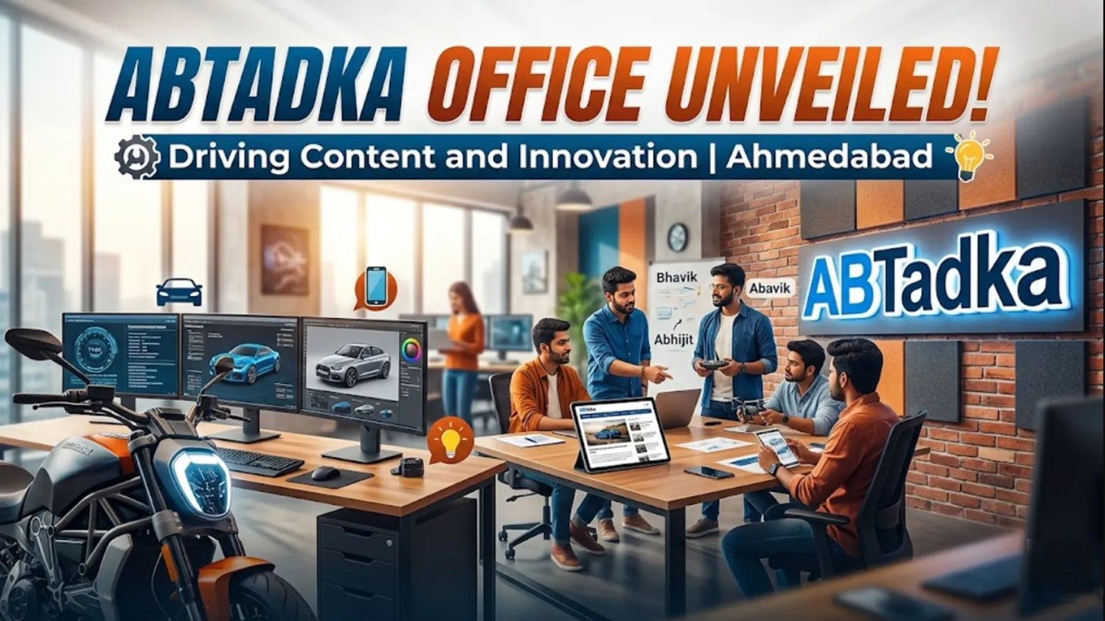 ABTadka team working on automobile and technology content inside their Ahmedabad office