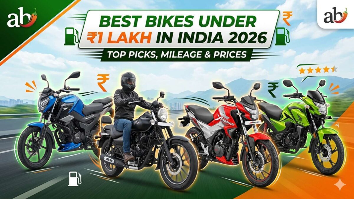 A promotional banner for "abtadka" featuring a lineup of four modern commuter motorcycles on a highway. The central text reads "BEST BIKES UNDER ₹1 LAKH IN INDIA 2026 | TOP PICKS, MILEAGE & PRICES." The image includes the abtadka logo, fuel pump icons, and rupee symbols, all set against a bright, scenic outdoor background.