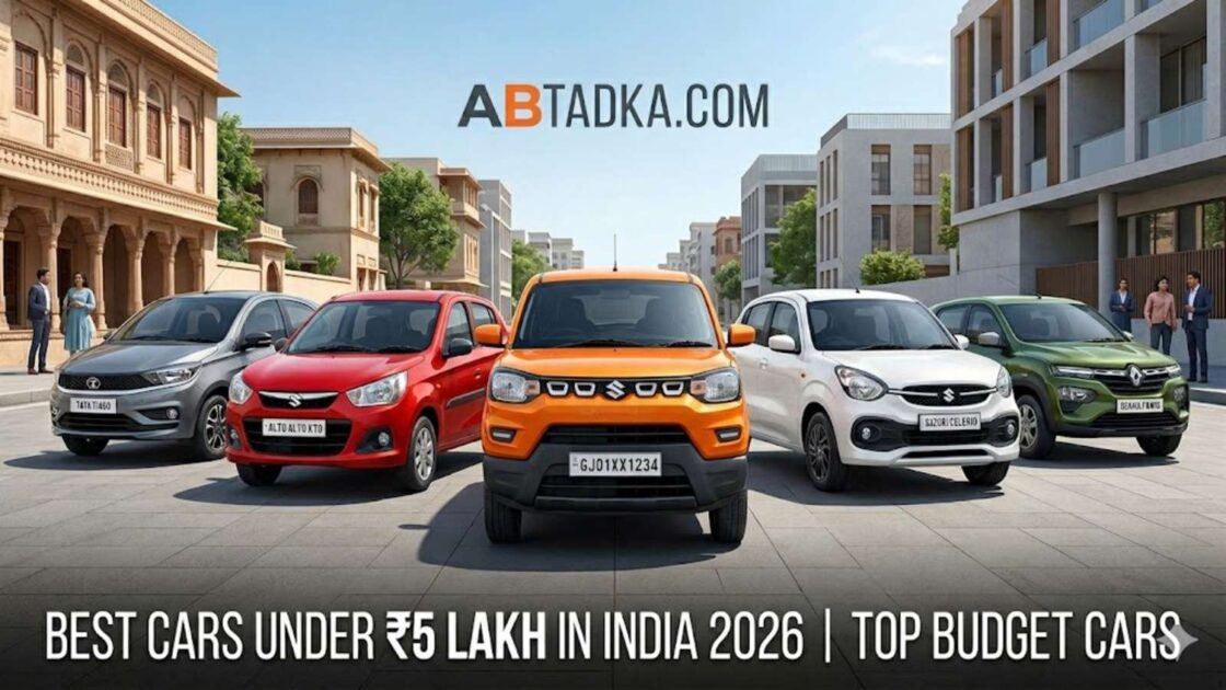 Best cars under 5 lakh in India 2026 comparison - ABTadka, A lineup of the best budget cars under 5 lakh in India for 2026, including the Maruti S-Presso, Alto K10, Celerio, Tata Tiago, and Renault Kwid, with ABTADKA.COM text.