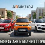 Best cars under 5 lakh in India 2026 comparison - ABTadka, A lineup of the best budget cars under 5 lakh in India for 2026, including the Maruti S-Presso, Alto K10, Celerio, Tata Tiago, and Renault Kwid, with ABTADKA.COM text.