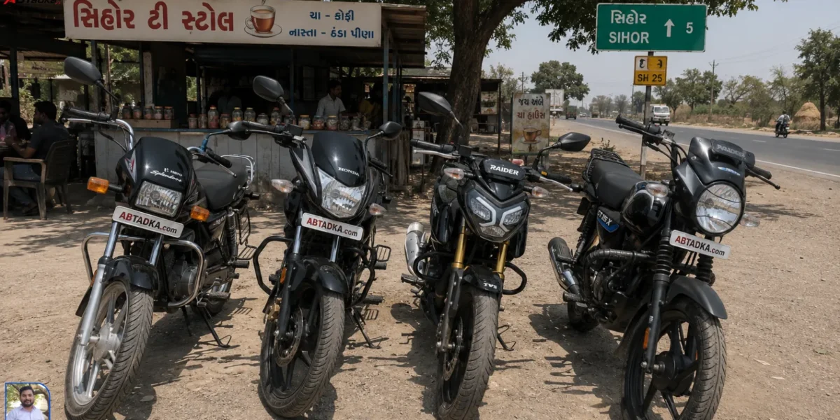 Four popular commuter bikes – Splendor, Shine, Raider, CT 125X – parked side by side at a tea stall on Gujarat SH-25 near Sihor for ABTADKA.com comparison shoot