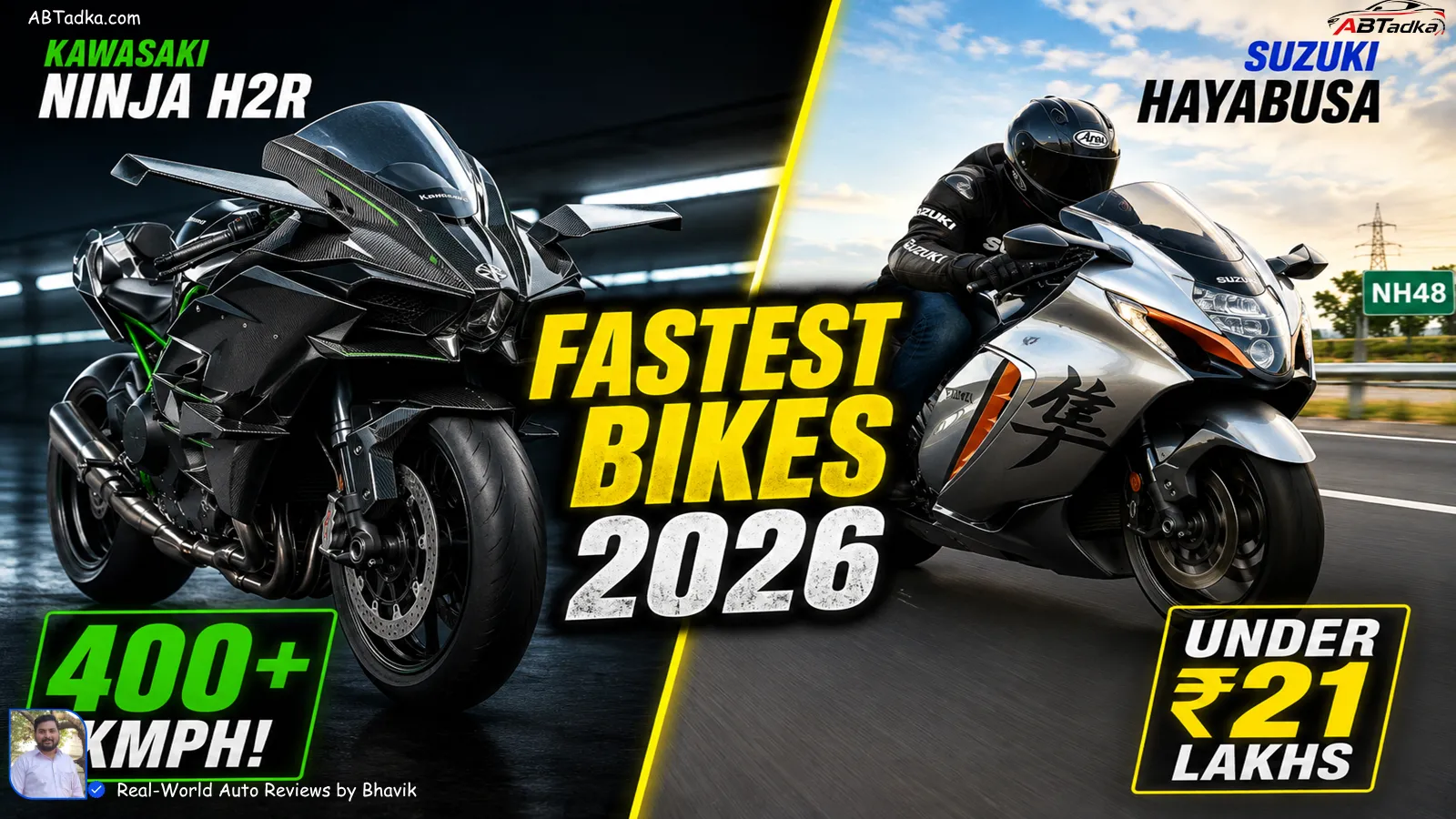 top 10 fastest bikes in india Split-screen image featuring the track-only Kawasaki Ninja H2R superbike on the left and the road-legal Suzuki Hayabusa touring superbike on the right, with bold text overlay reading "FASTEST BIKES 2026" and speed highlights.