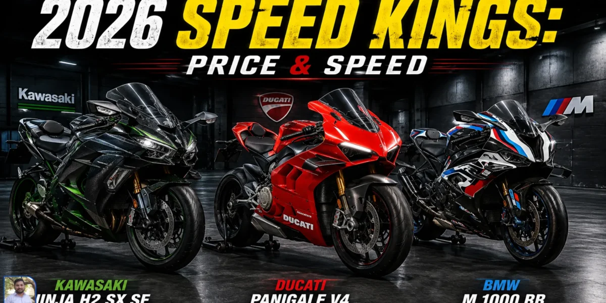 A lineup of three premium superbikes—Kawasaki Ninja H2 SX, Ducati Panigale V4, and BMW M 1000 RR—parked in a modern showroom with large text reading "2026 SPEED KINGS: PRICE & SPEED".