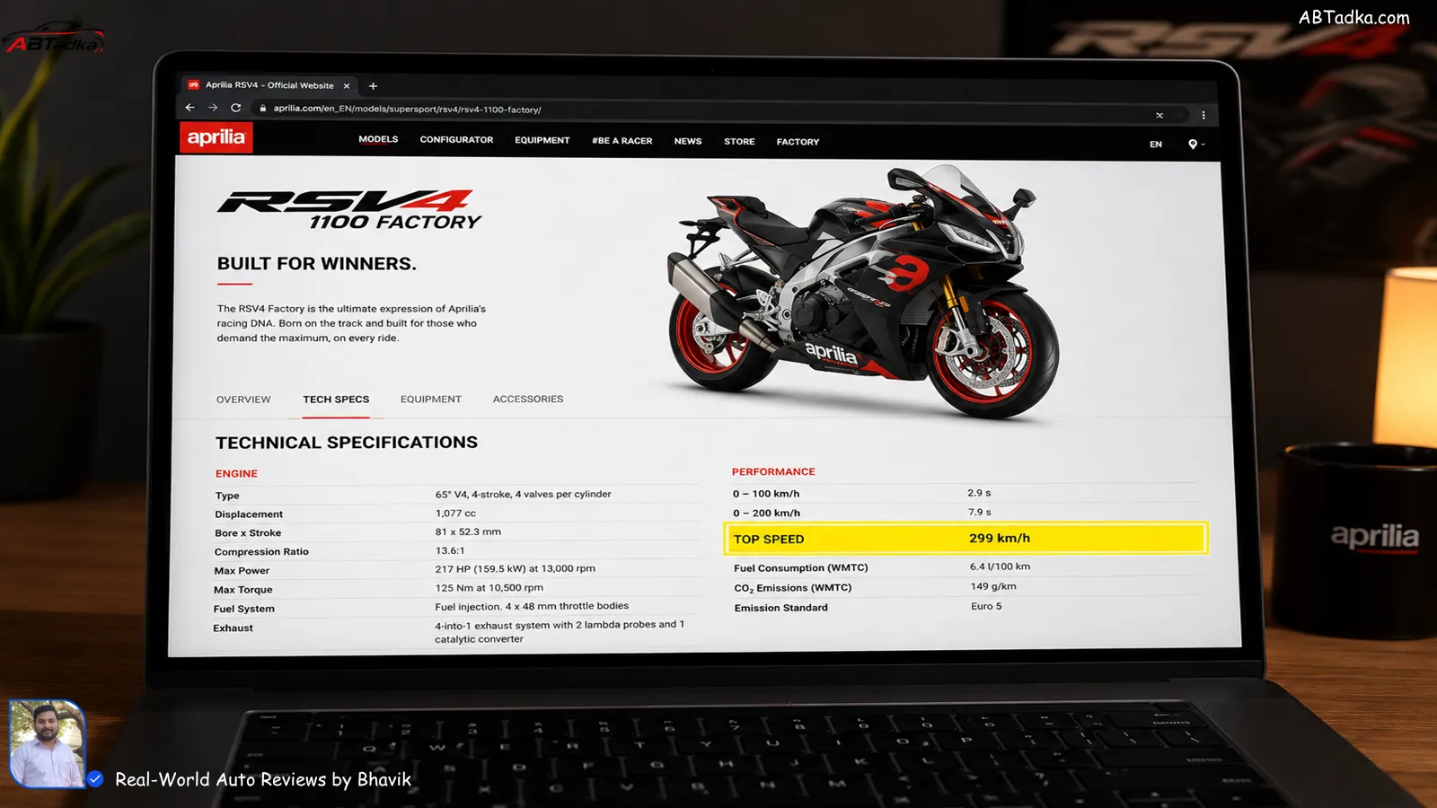 My laptop showing Aprilia RSV4 official specs page with top speed highlighted