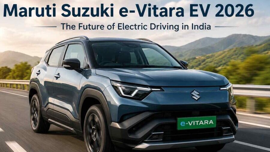 Maruti Suzuki e-Vitara 2026 electric SUV front view with modern LED lights and premium design