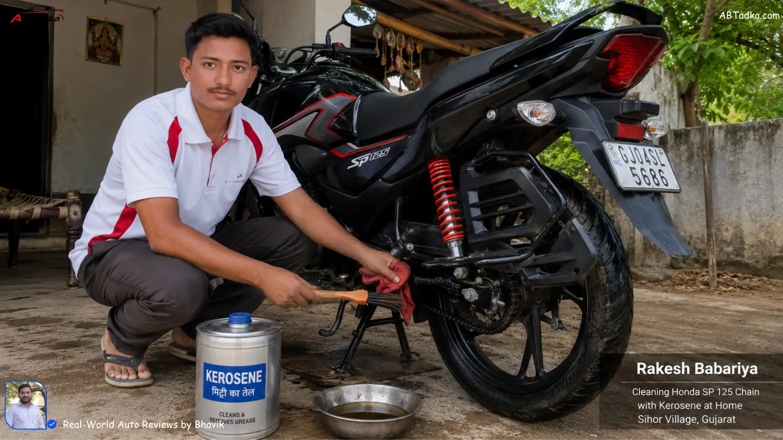 Bhavik Munjapara cleaning Honda SP 125 chain with kerosene and brush at home in Sihor village, Gujarat