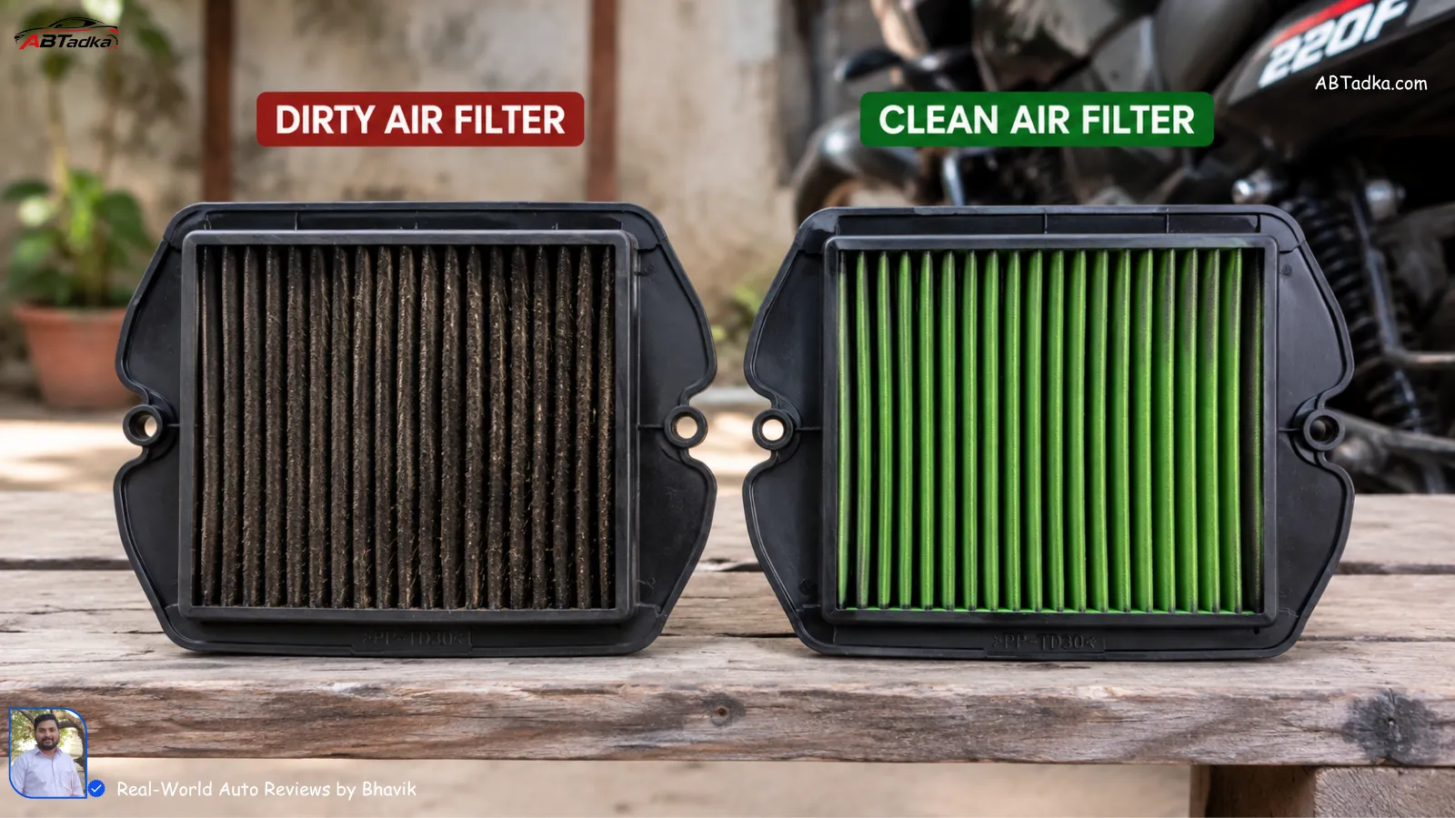 Comparison of a dirty vs clean motorcycle air filter on a wooden bench