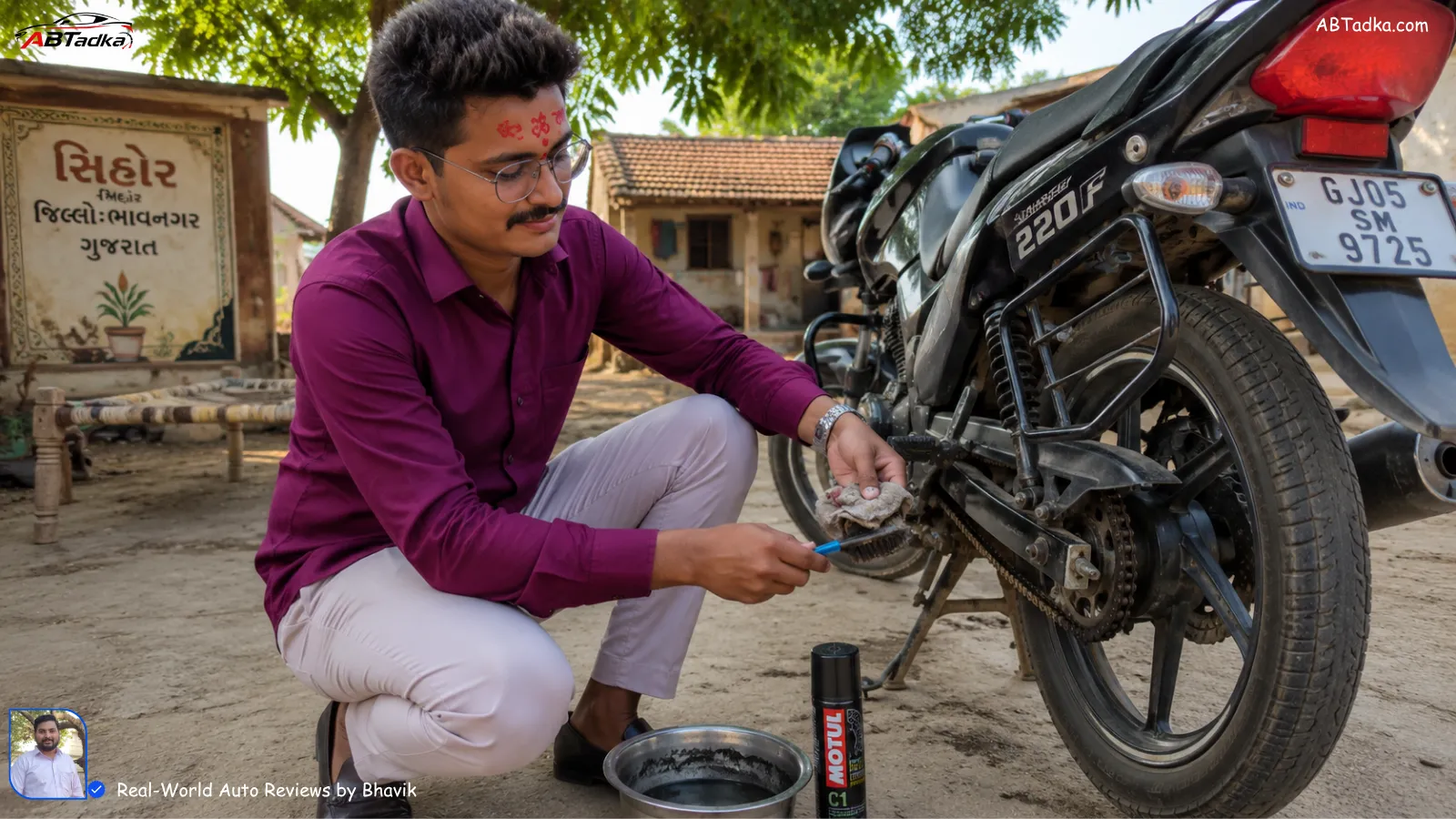 Bhavik Munjapara cleaning his bike chain in a village backyard in Sihor, Gujarat.