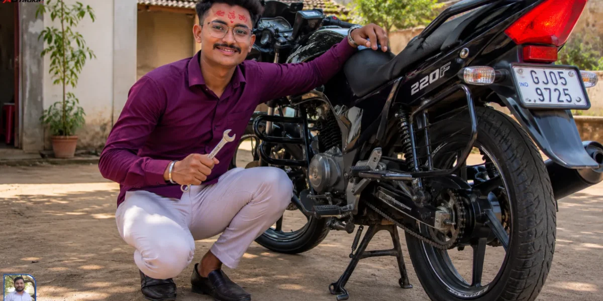 Bhavik Munjapara smiling next to his well-maintained bike, holding a spanner