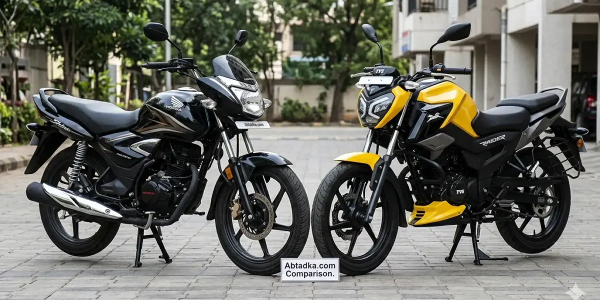 A side-by-side comparison shot of a black Honda Shine 125 and a yellow TVS Raider 125 motorcycle parked together outdoors on a paved area in front of buildings.