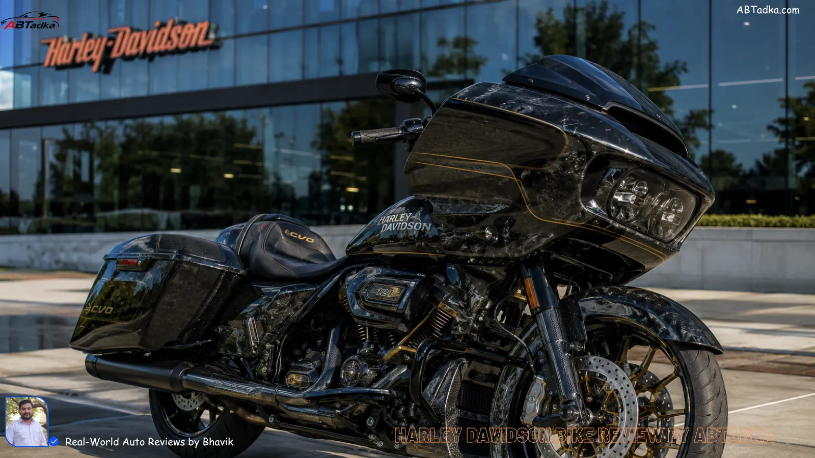 A high-resolution, real-life shot of a glossy Harley-Davidson CVO Road Glide ST parked in front of a modern Indian glass building, with the sun reflecting off the hand-painted chrome and forged carbon fiber details.