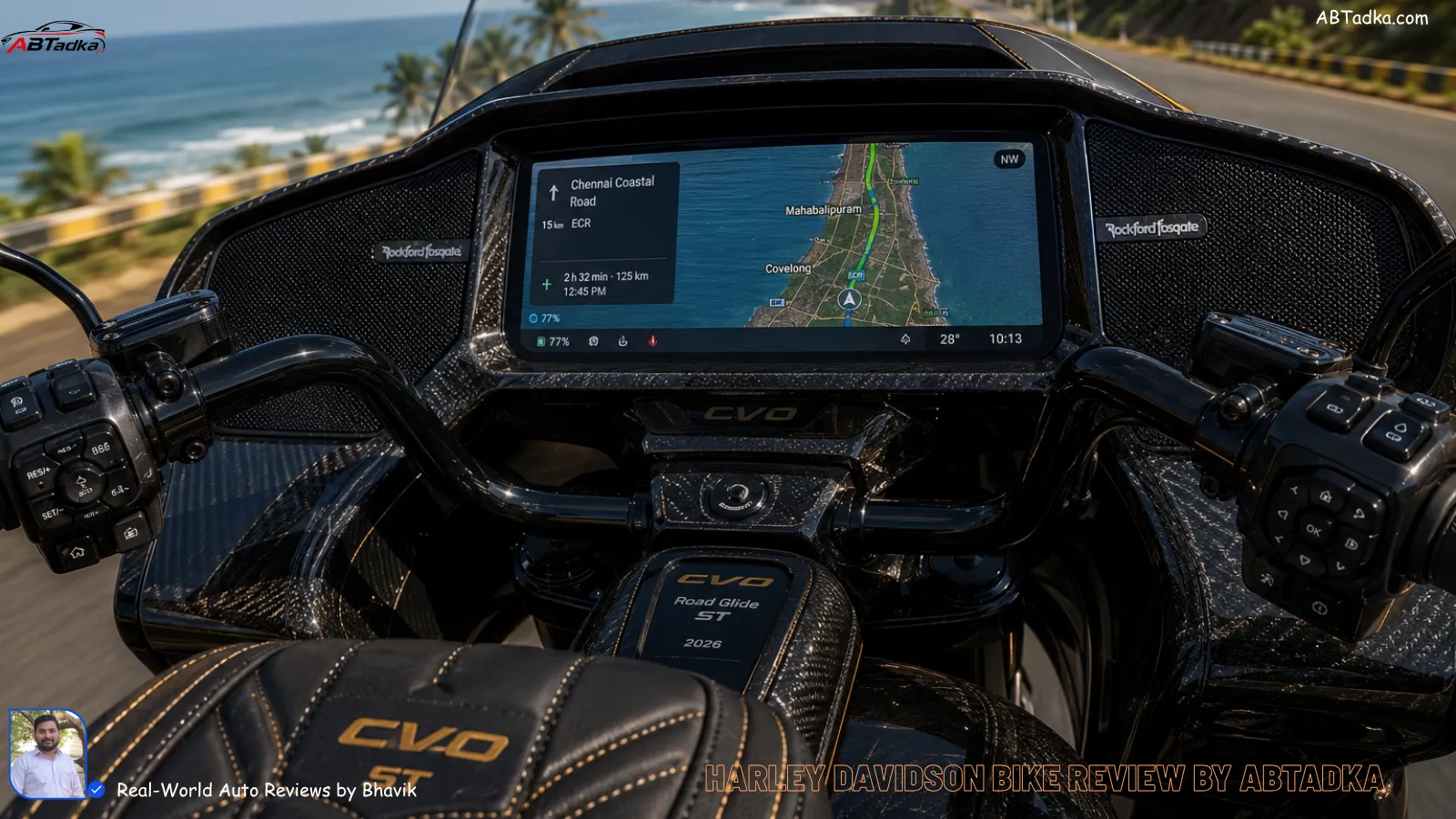 An "Inside View" action shot showing the 12.3-inch digital console of a 2026 CVO model, displaying a GPS map of a coastal Indian road, with premium leather stitching visible on the seat and the Rockford Fosgate speakers.