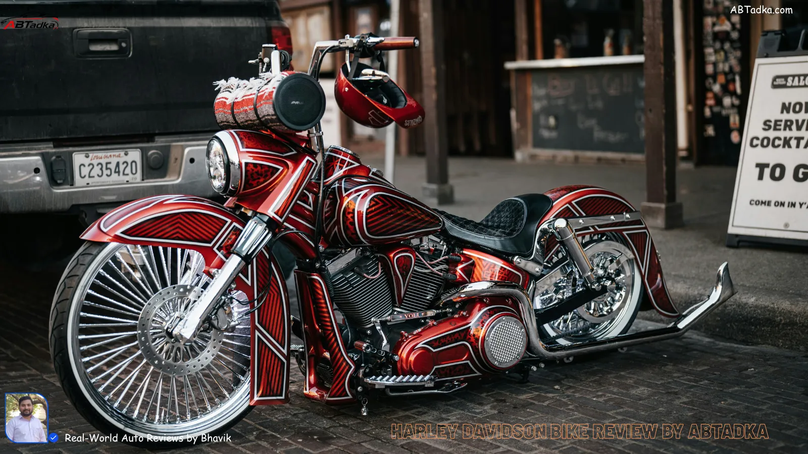 A high-resolution, real-life shot of a glossy Harley-Davidson CVO Road Glide ST parked in front of a modern Indian glass building, with the sun reflecting off the hand-painted chrome and forged carbon fiber details.