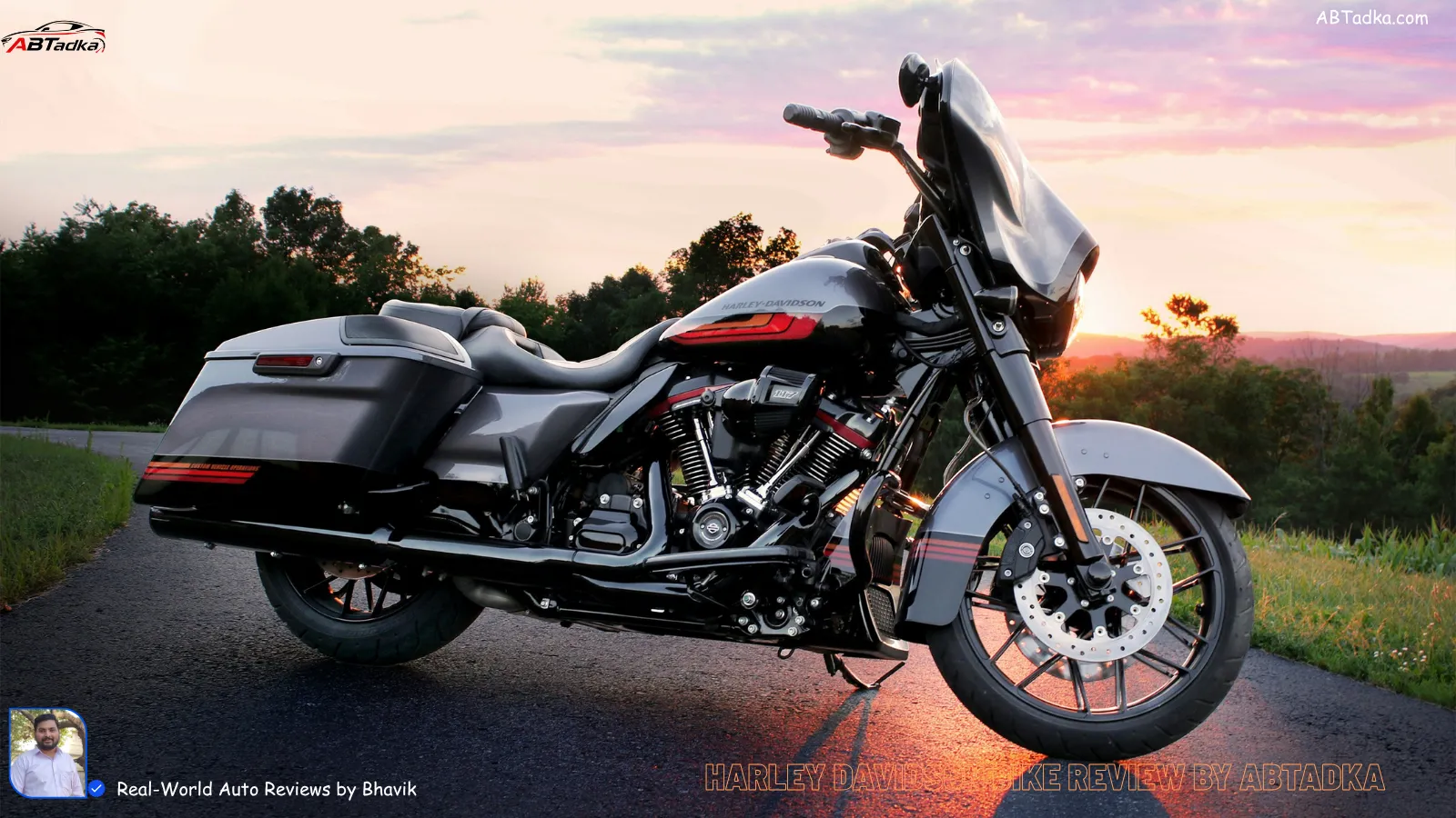 A high-resolution, real-life shot of a glossy Harley-Davidson CVO Road Glide ST parked in front of a modern Indian glass building, with the sun reflecting off the hand-painted chrome and forged carbon fiber details.