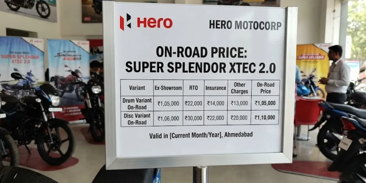A Hero MotoCorp showroom on-road price board for the Super Splendor XTEC 2.0 in Ahmedabad, showing a comparison table of ex-showroom prices, RTO, insurance, and other charges for both Drum and Disc variants.