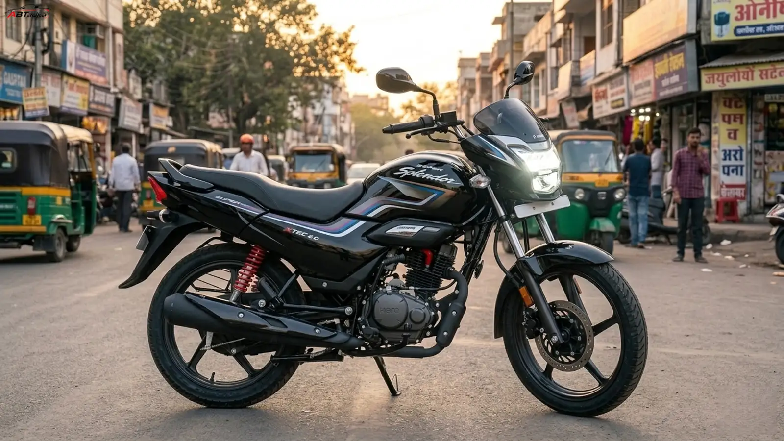 A Hero MotoCorp showroom on-road price board for the Super Splendor XTEC 2.0 in Ahmedabad, showing a comparison table of ex-showroom prices, RTO, insurance, and other charges for both Drum and Disc variants.
