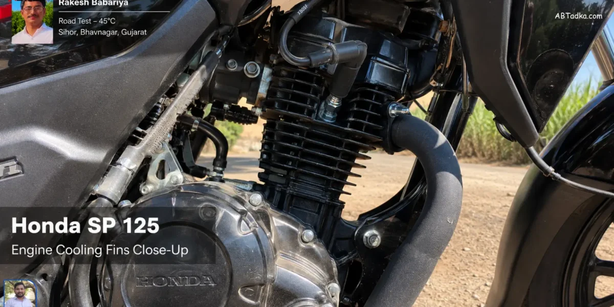 Honda SP 125 engine close-up showing air fins, photographed by Bhavik Munjapara during 45 degree Celsius road test in Gujarat