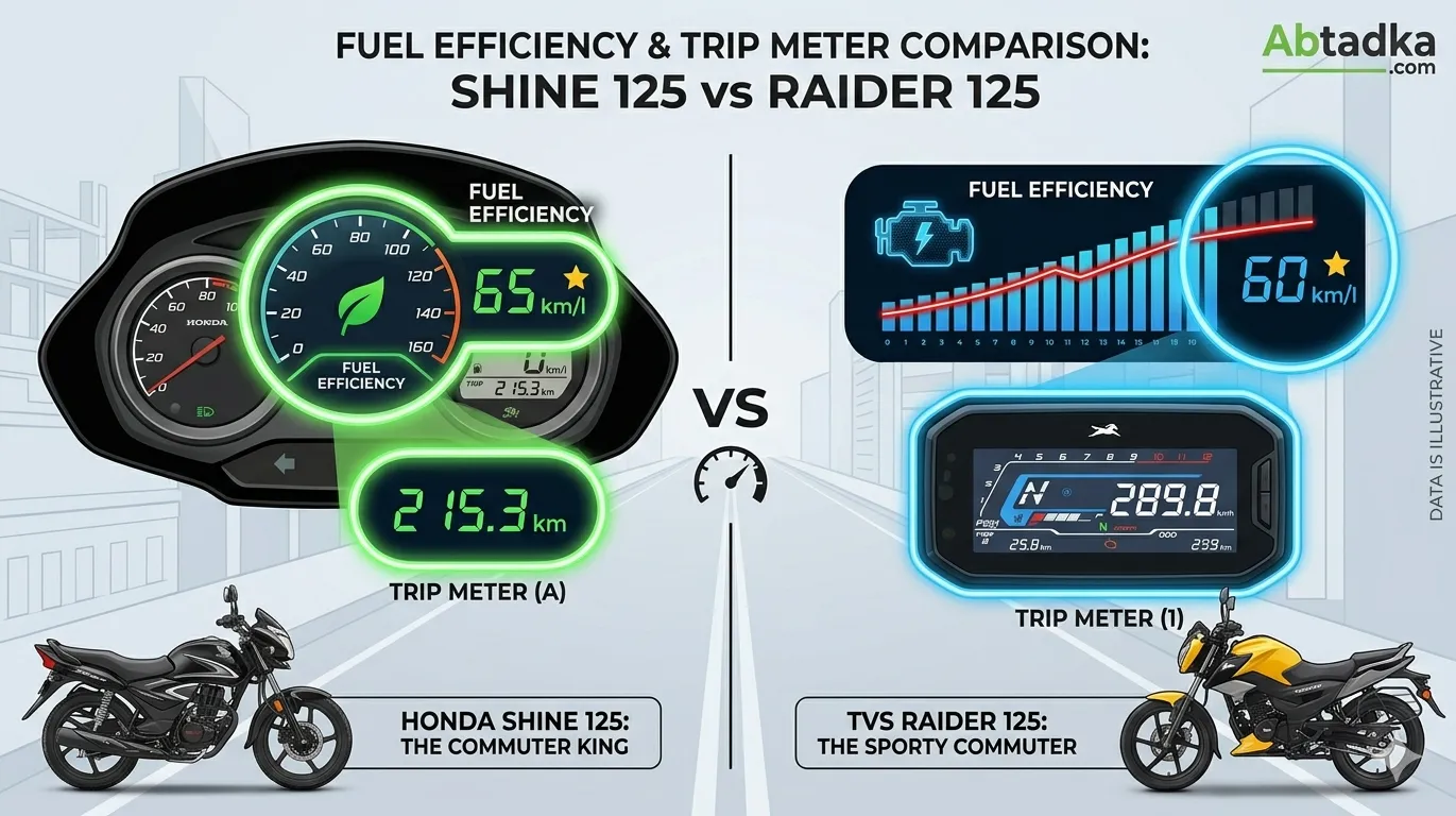 A detailed digital infographic titled 'Fuel Efficiency & Trip Meter Comparison: Shine 125 vs Raider 125', showcasing side-by-side graphical representations of the instrument clusters and real-world fuel economy data for both motorcycles.