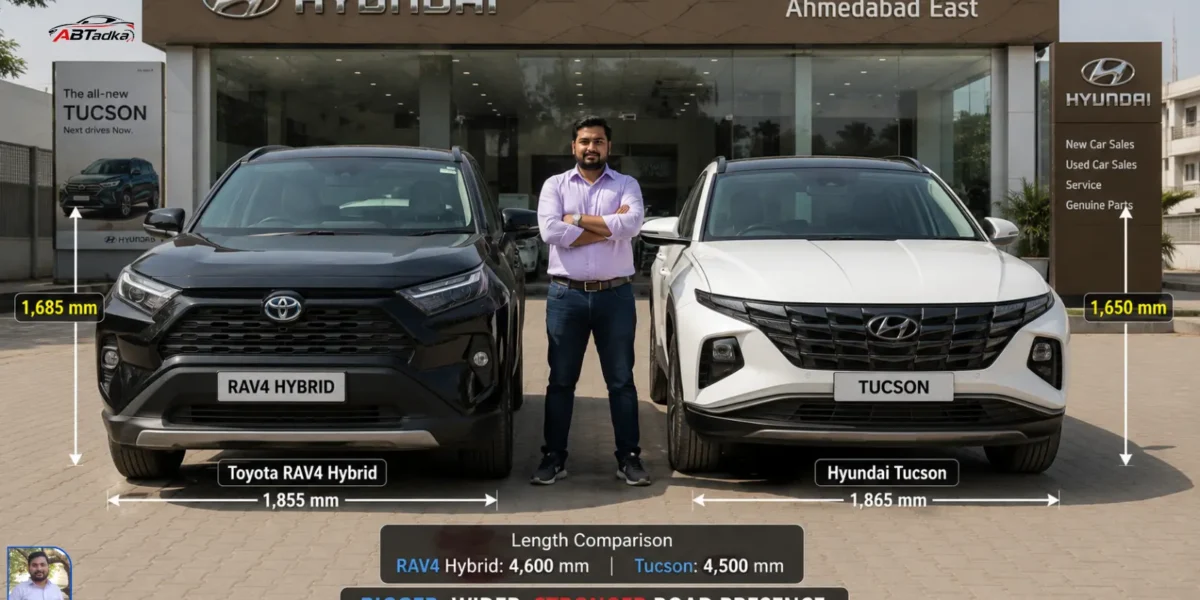 Toyota RAV4 Hybrid parked next to Hyundai Tucson at Ahmedabad dealership showing size and road presence difference for Indian buyers