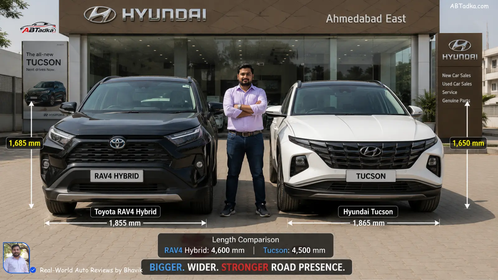 Toyota RAV4 Hybrid parked next to Hyundai Tucson at Ahmedabad dealership showing size and road presence difference for Indian buyers