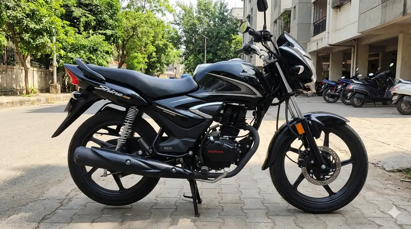 A side profile shot of a glossy black Honda Shine 125 commuter motorcycle parked outdoors on a paved surface, showcasing its traditional design, long comfortable seat, and chrome exhaust heat shield.