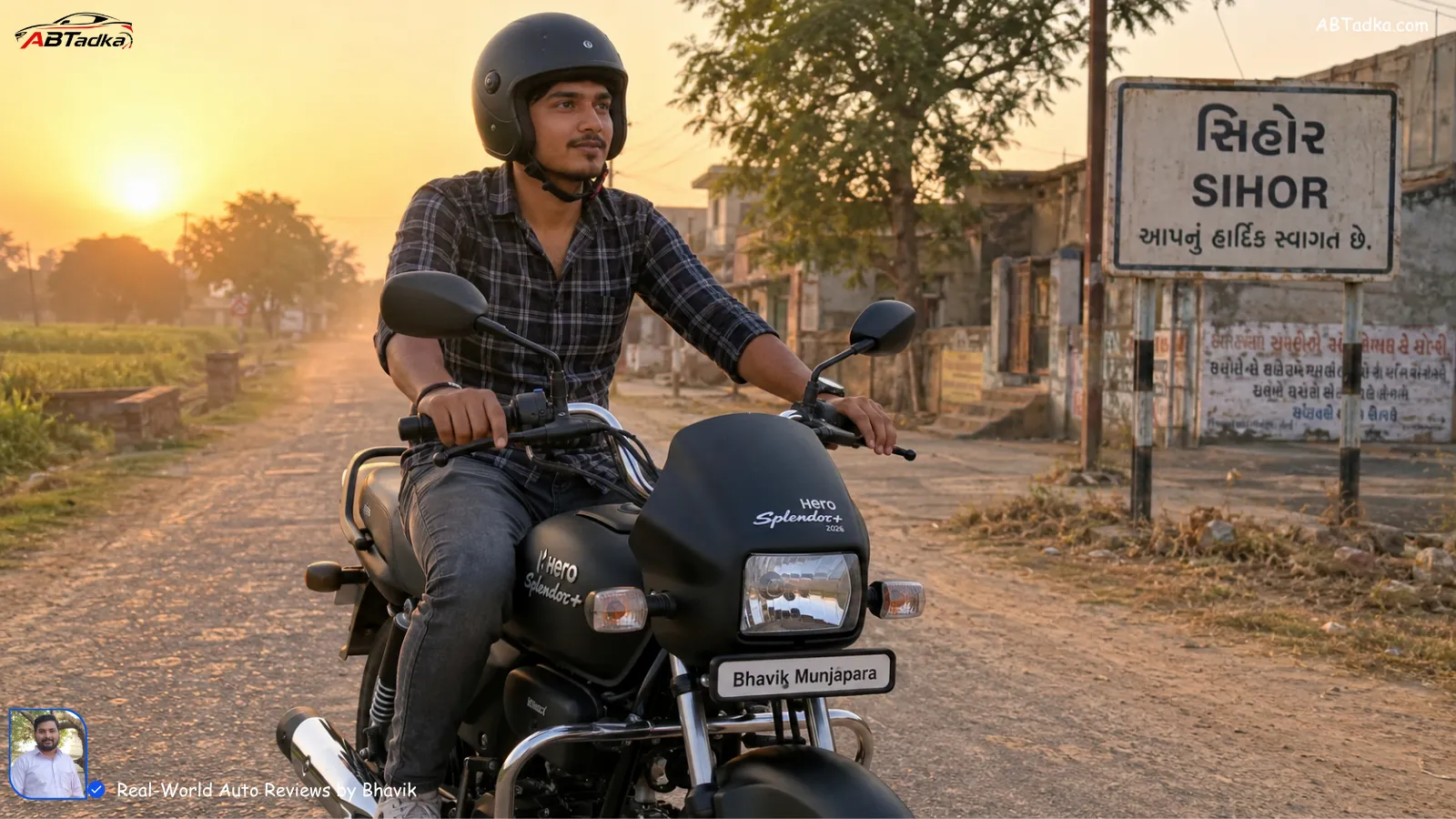 Bhavik Munjapara riding a matte black Hero Splendor Plus 2026 on a dusty Sihor village road at sunrise, wearing a simple helmet and checkered shirt