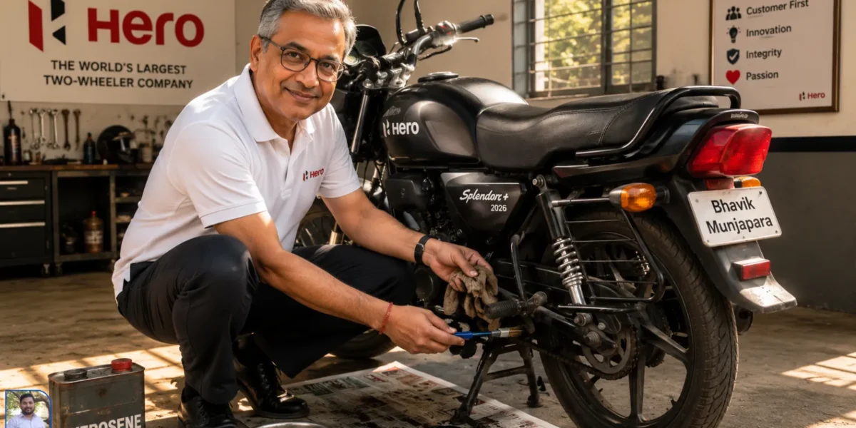 Bhavik Munjapara in Sihor home garage cleaning Hero Splendor Plus chain with kerosene and brush, old newspaper on ground, morning sunlight