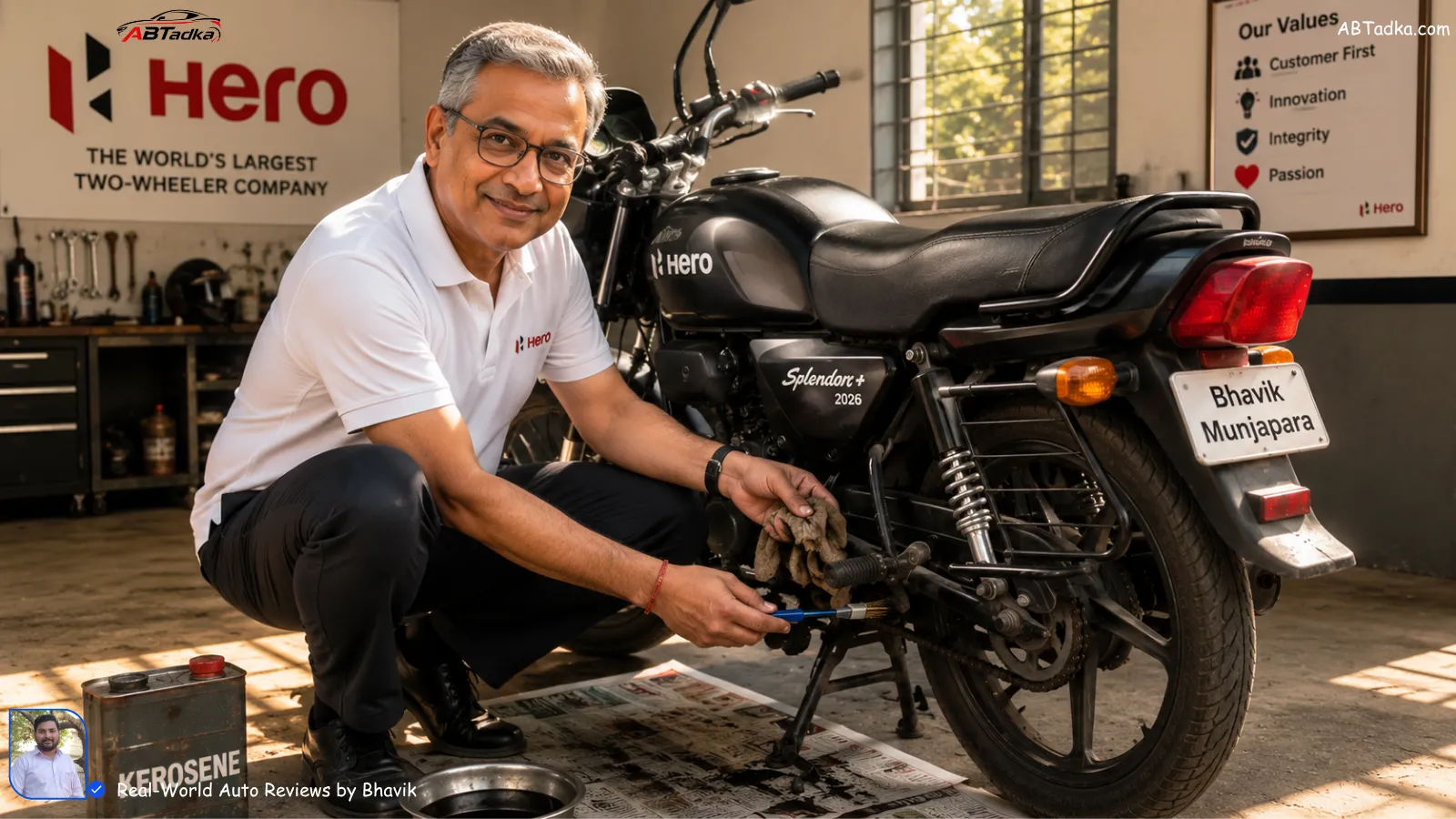 Bhavik Munjapara in Sihor home garage cleaning Hero Splendor Plus chain with kerosene and brush, old newspaper on ground, morning sunlight