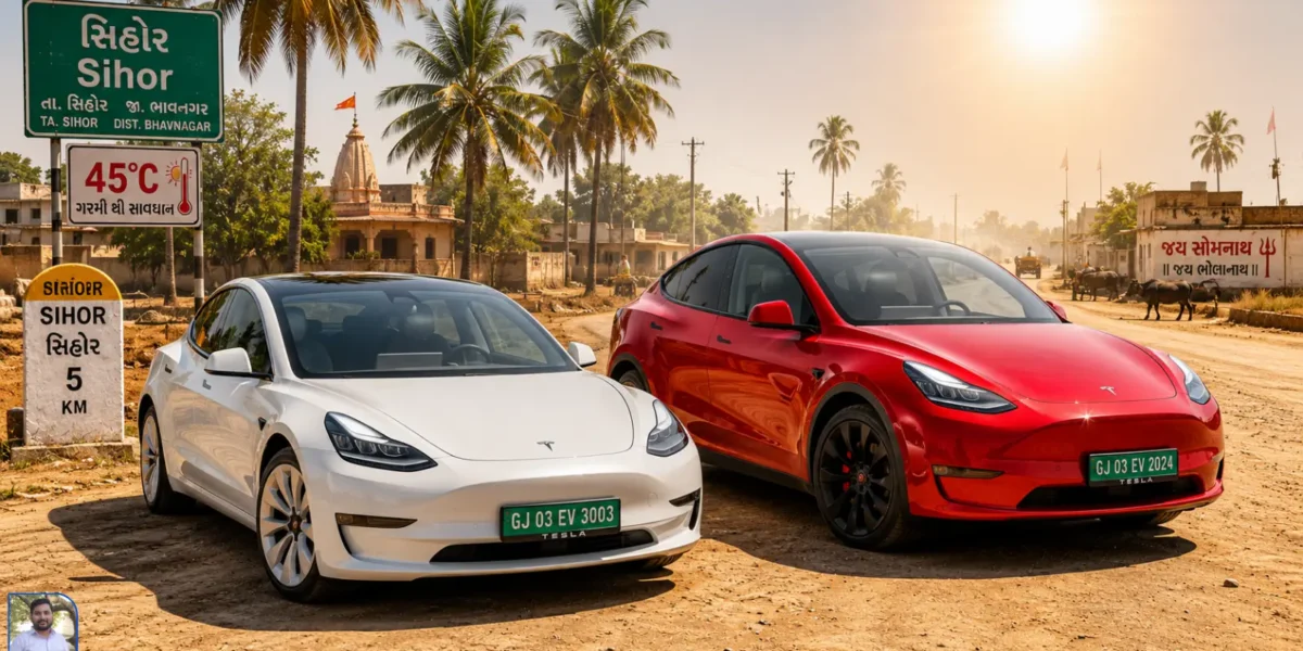 White Tesla Model 3 and Red Model Y parked side by side on a dusty village road near Sihor, Gujarat with palm trees and 45°C heat haze in background