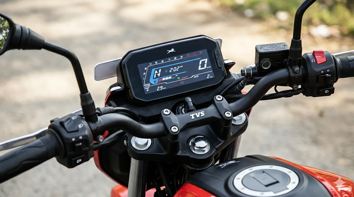 A close-up shot of the modern fully-digital instrument cluster and handlebar of a TVS Raider 125 motorcycle, displaying real-world trip and mileage data.